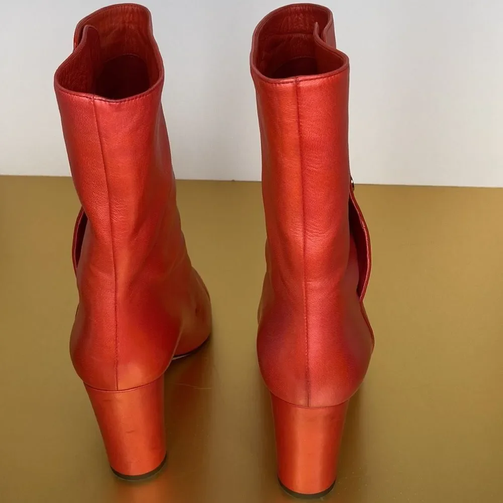 Jimmy Choo Boots Dayno Leather Mid Calf Vibrant Red Gold Button Closure Boots - Picture 10 of 16
